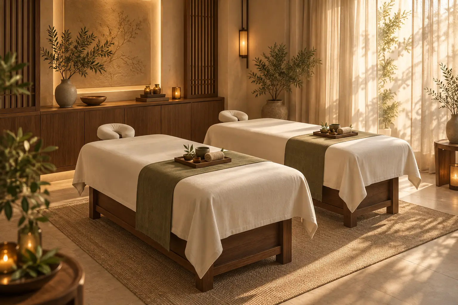 Concept illustration of two massage tables with ivory linens in a warm, sunlit spa room