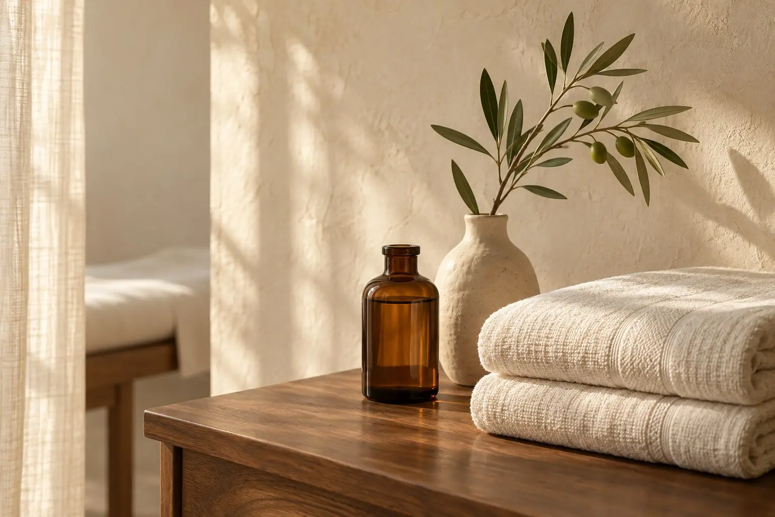 Spa-inspired still life of folded towels, ceramics and botanical details