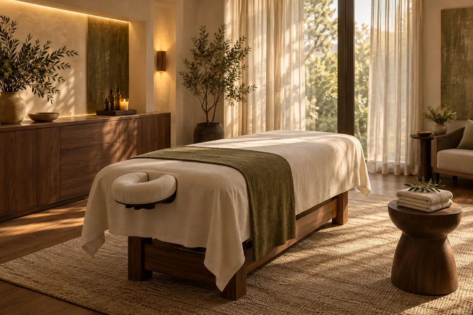 Concept illustration of a massage table with folded linens and warm natural light